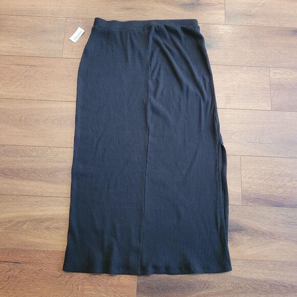 Old Navy Rib Knit Midi Skirt Large Black Fitted Pencil Side Slit Pull On NEW TAG - Picture 3 of 14
